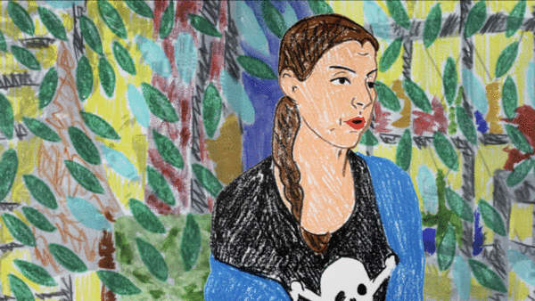 Stopmotion gif of lady on a colourful background drawn using coloured pencils 
