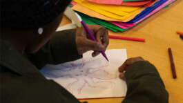 A girl drawing using coloured pencils